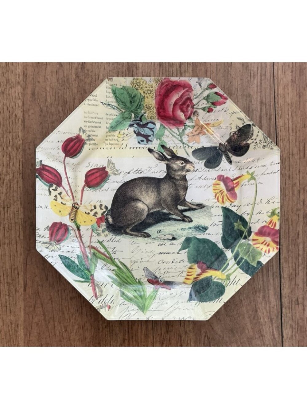 John Derian Rabbit Botanical Octagon Plates Pair Easter Decoupage Glass 10" - Picture 6 of 12